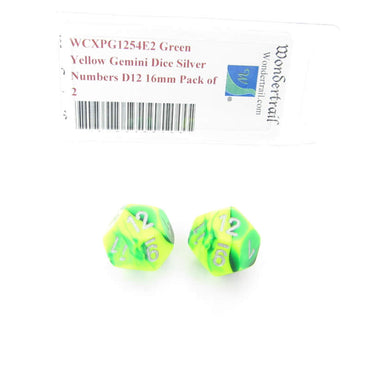 WCXPG1254E2 Green Yellow Gemini Dice Silver Numbers D12 16mm Pack of 2 (ONLINE ORDER ONLY)