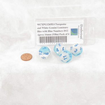 WCXPG1265E4 Turquoise and White Gemini Luminary Dice with Blue Numbers D12 Aprox 16mm (5/8in) Pack of 4 (ONLINE ORDER ONLY)