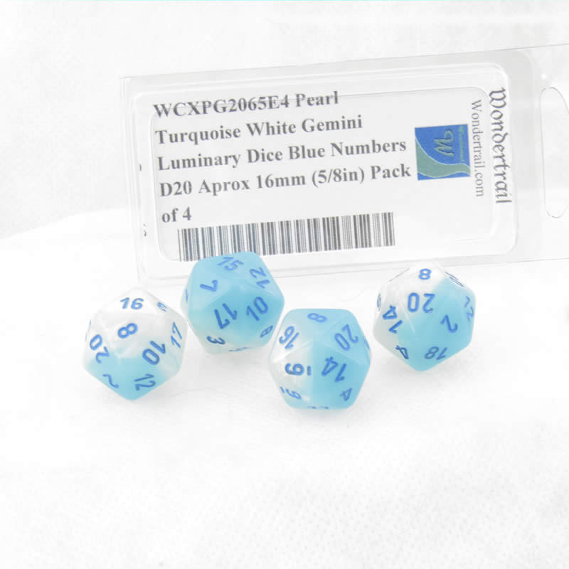 WCXPG2065E4 Pearl Turquoise White Gemini Luminary Dice Blue Numbers D20 Aprox 16mm (5/8in) Pack of 4 (ONLINE ORDER ONLY)