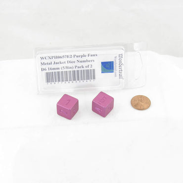 WCXPH0657E2 Purple Faux Metal Jacket Dice Uncolored Numbers D6 16mm (5/8in) Pack of 2 (ONLINE ORDER ONLY)