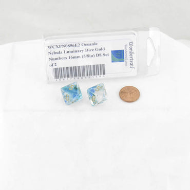 WCXPN0856E2 Oceanic Nebula Luminary Dice Gold Numbers 16mm (5/8in) D8 Set of 2 (ONLINE ORDER ONLY)
