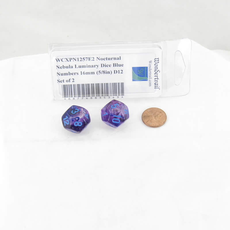 WCXPN1257E2 Nocturnal Nebula Luminary Dice Blue Numbers 16mm (5/8in) D12 Set of 2 (ONLINE ORDER ONLY)