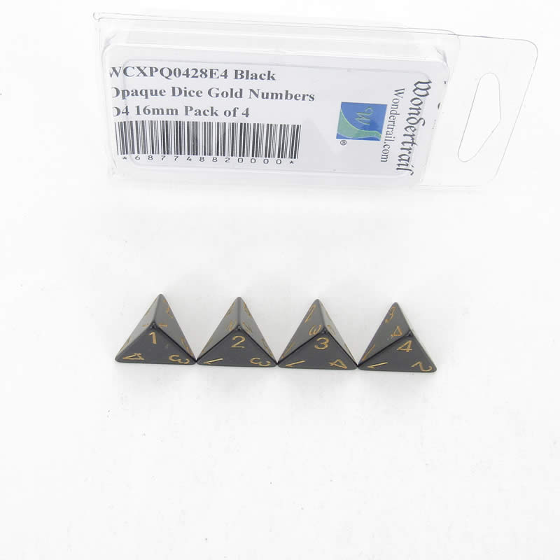 WCXPQ0428E4 Black Opaque Dice Gold Numbers D4 16mm Pack of 4 (ONLINE ORDER ONLY)