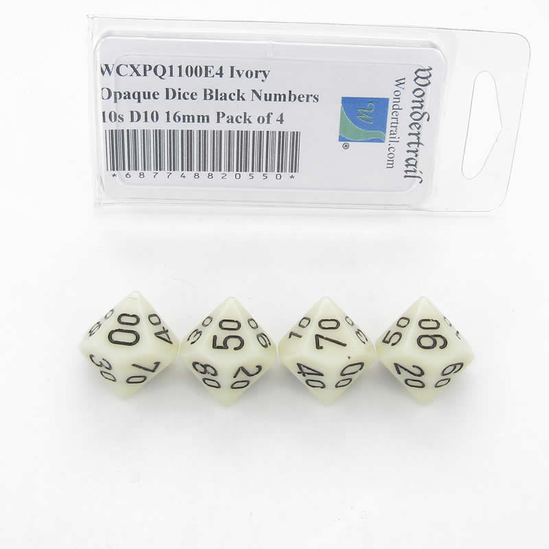 WCXPQ1100E4 Ivory Opaque Dice Black Numbers 10s D10 16mm Pack of 4 (ONLINE ORDER ONLY)