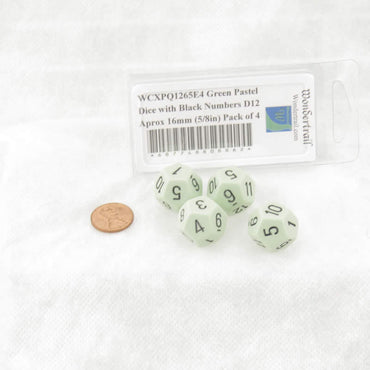 WCXPQ1265E4 Green Pastel Dice with Black Numbers D12 Aprox 16mm (5/8in) Pack of 4 (ONLINE ORDER ONLY)