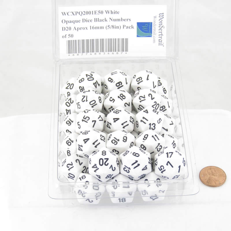 WCXPQ2001E50 White Opaque Dice Black Numbers D20 Aprox 16mm (5/8in) Pack of 50 (ONLINE ORDER ONLY)