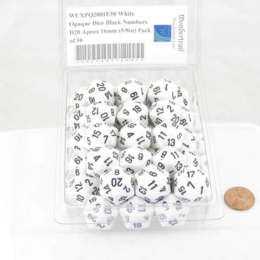 WCXPQ2001E50 White Opaque Dice Black Numbers D20 Aprox 16mm (5/8in) Pack of 50 (ONLINE ORDER ONLY)