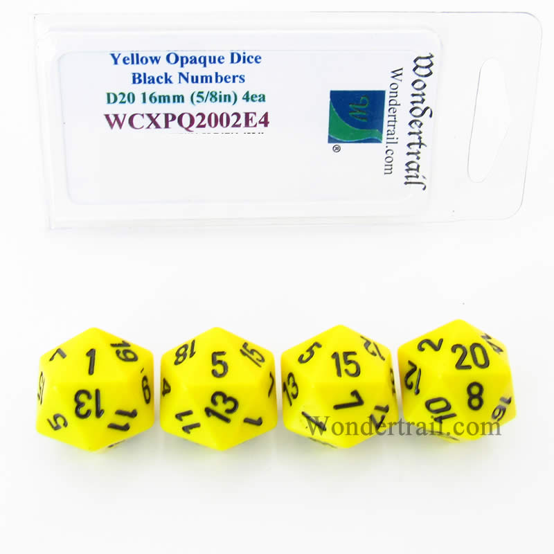 WCXPQ2002E4 Yellow Opaque Dice Black Numbers D20 16mm Pack of 4 (ONLINE ORDER ONLY)