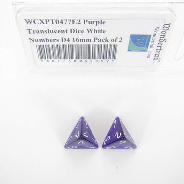 WCXPT0477E2 Purple Translucent Dice White Numbers D4 16mm Pack of 2 (ONLINE ORDER ONLY)
