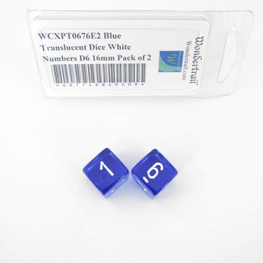 WCXPT0676E2 Blue Translucent Dice White Numbers D6 16mm Pack of 2 (ONLINE ORDER ONLY)