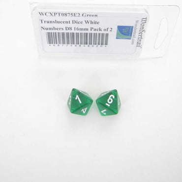 WCXPT0875E2 Green Translucent Dice White Numbers D8 16mm Pack of 2 (ONLINE ORDER ONLY)