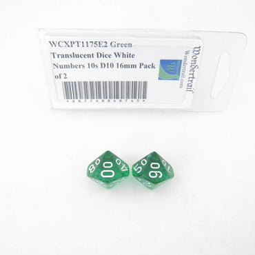 WCXPT1175E2 Green Translucent Dice White Numbers 10s D10 16mm Pack of 2 (ONLINE ORDER ONLY)