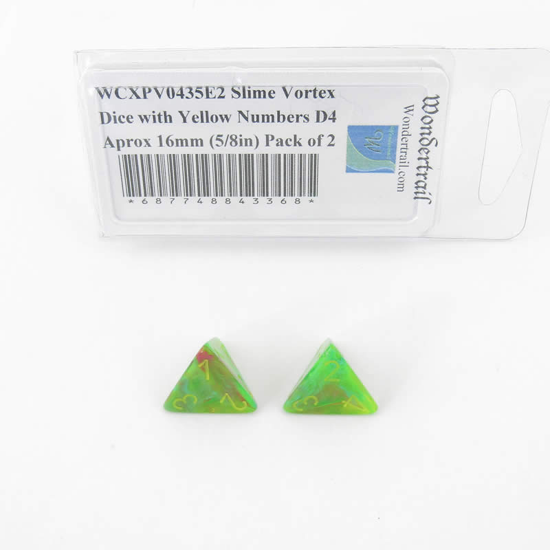 WCXPV0435E2 Slime Vortex Dice with Yellow Numbers D4 Aprox 16mm (5/8in) Pack of 2 (ONLINE ORDER ONLY)