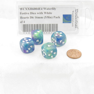 WCXXH6004E4 Waterlily Festive Dice with White Hearts D6 16mm (5/8in) Pack of 4 (ONLINE ORDER ONLY)