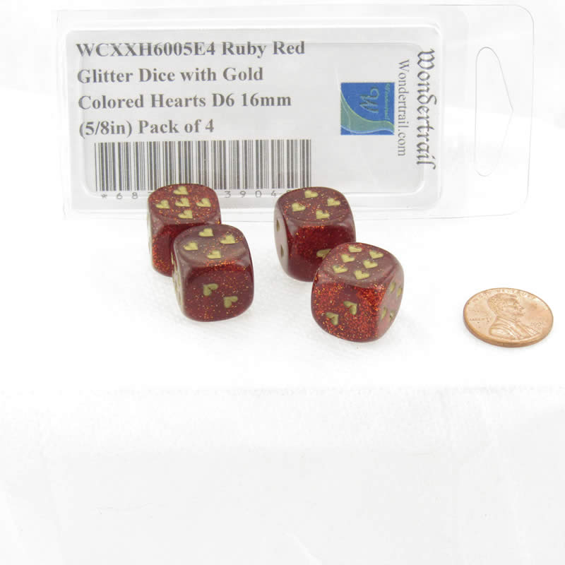 WCXXH6005E4 Ruby Red Glitter Dice with Gold Colored Hearts D6 16mm (5/8in) Pack of 4 (ONLINE ORDER ONLY)