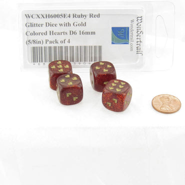 WCXXH6005E4 Ruby Red Glitter Dice with Gold Colored Hearts D6 16mm (5/8in) Pack of 4 (ONLINE ORDER ONLY)