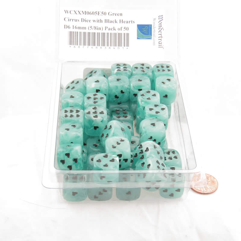 WCXXM0605E50 Green Cirrus Dice with Black Hearts D6 16mm (5/8in) Pack of 50 (ONLINE ORDER ONLY)