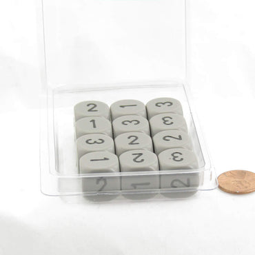 WCXXQ0310E12 Gray Opaque Dice Black Numbers D3 (d6 1-3 Twice) 16mm Pack of 12 (ONLINE ORDER ONLY)