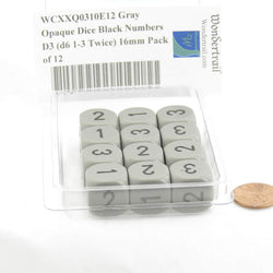 WCXXQ0310E12 Gray Opaque Dice Black Numbers D3 (d6 1-3 Twice) 16mm Pack of 12 (ONLINE ORDER ONLY)