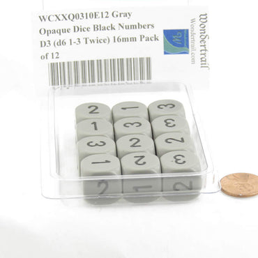 WCXXQ0310E12 Gray Opaque Dice Black Numbers D3 (d6 1-3 Twice) 16mm Pack of 12 (ONLINE ORDER ONLY)
