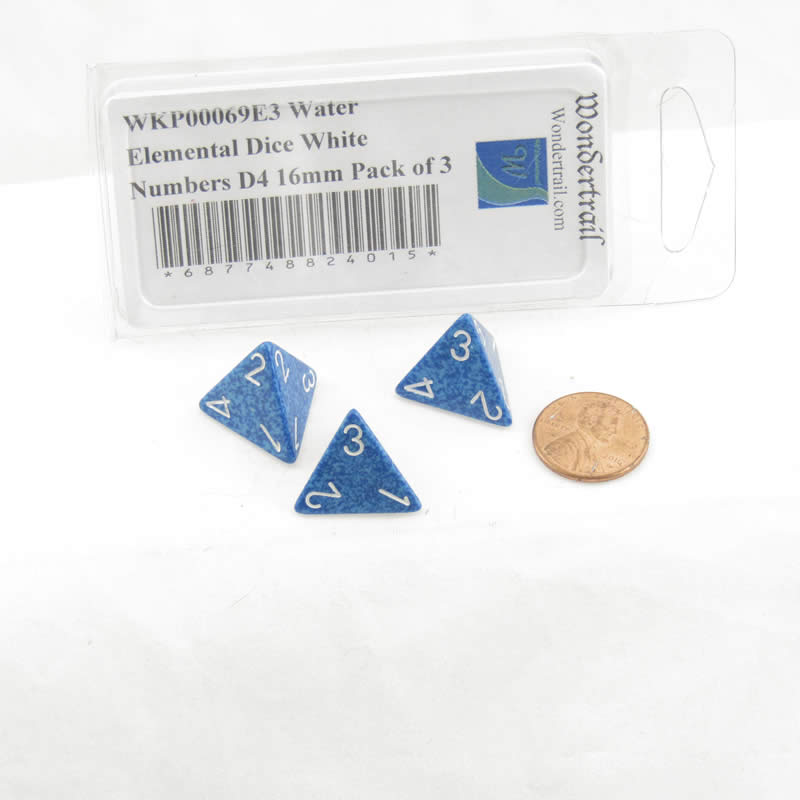 WKP00069E3 Water Elemental Dice White Numbers D4 16mm Pack of 3 (ONLINE ORDER ONLY)