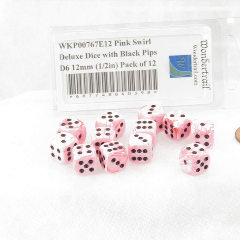 WKP00767E12 Pink Swirl Deluxe Dice with Black Pips D6 12mm (1/2in) Pack of 12 (ONLINE ORDER ONLY)