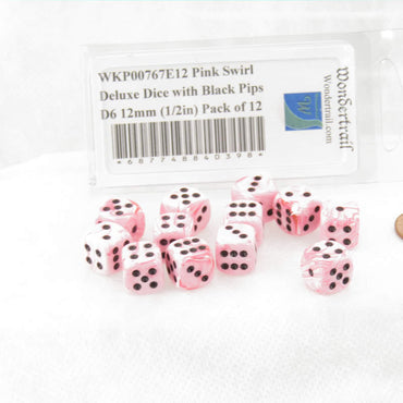 WKP00767E12 Pink Swirl Deluxe Dice with Black Pips D6 12mm (1/2in) Pack of 12 (ONLINE ORDER ONLY)