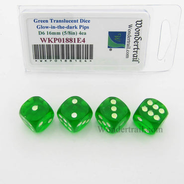 WKP01881E4 Green Transparent Dice Glow in the Dark Pips D6 16mm Pack of 4 (ONLINE ORDER ONLY)