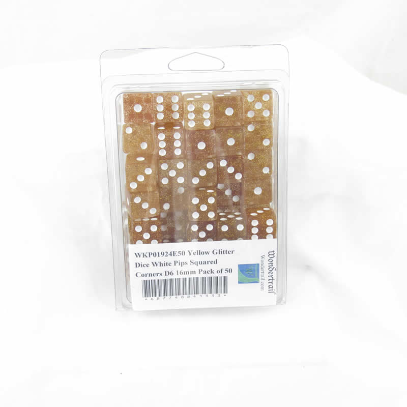 WKP01924E50 Yellow Glitter Dice White Pips Squared Corners D6 16mm Pack of 50 (ONLINE ORDER ONLY)