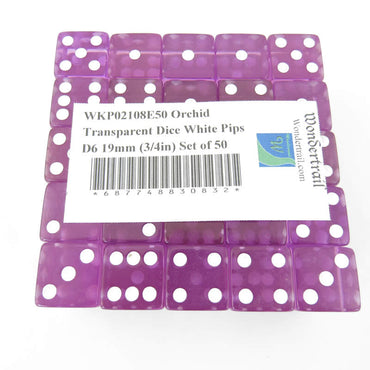 WKP02108E50 Orchid Transparent Dice White Pips D6 19mm (3/4in) Set of 50 (ONLINE ORDER ONLY)