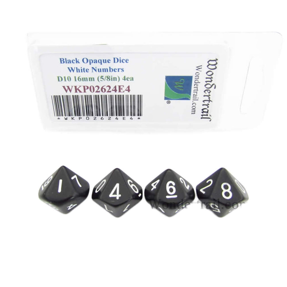WKP02624E4 Black Opaque Dice White Numbers D10 16mm Pack of 4 (ONLINE ORDER ONLY)