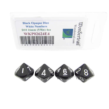WKP02624E4 Black Opaque Dice White Numbers D10 16mm Pack of 4 (ONLINE ORDER ONLY)