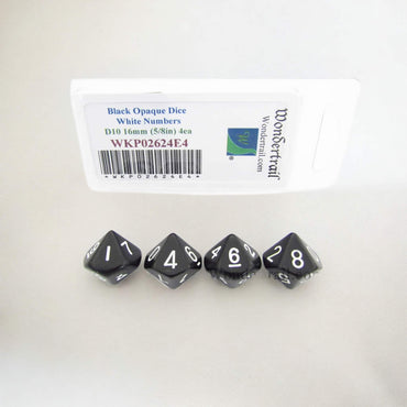 WKP02624E4 Black Opaque Dice White Numbers D10 16mm Pack of 4 (ONLINE ORDER ONLY)