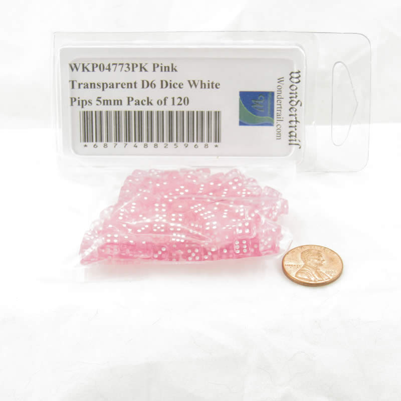 WKP04773PK Pink Transparent D6 Dice White Pips 5mm Pack of 120 (ONLINE ORDER ONLY)