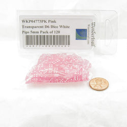 WKP04773PK Pink Transparent D6 Dice White Pips 5mm Pack of 120 (ONLINE ORDER ONLY)