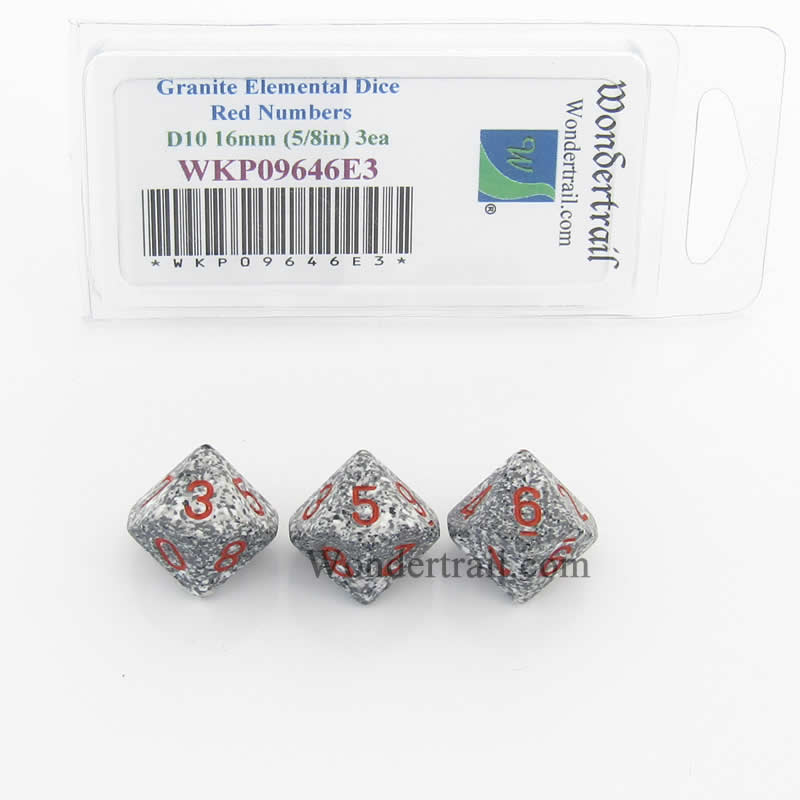 WKP09646E3 Granite Elemental Dice Red Numbers D10 16mm Pack of 3 (ONLINE ORDER ONLY)