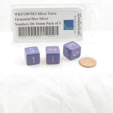 WKP13075E3 Silver Tetra Elemental Dice Silver Numbers D6 16mm Pack of 3 (ONLINE ORDER ONLY)