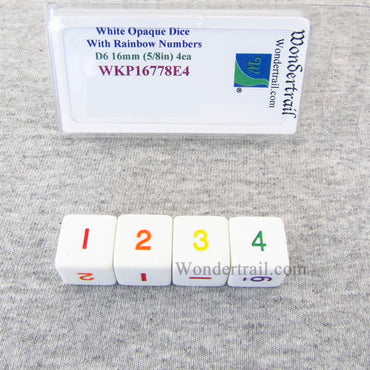 WKP16778E4 White Opaque Dice Rainbow Color Numbers D6 16mm Pack of 4 (ONLINE ORDER ONLY)