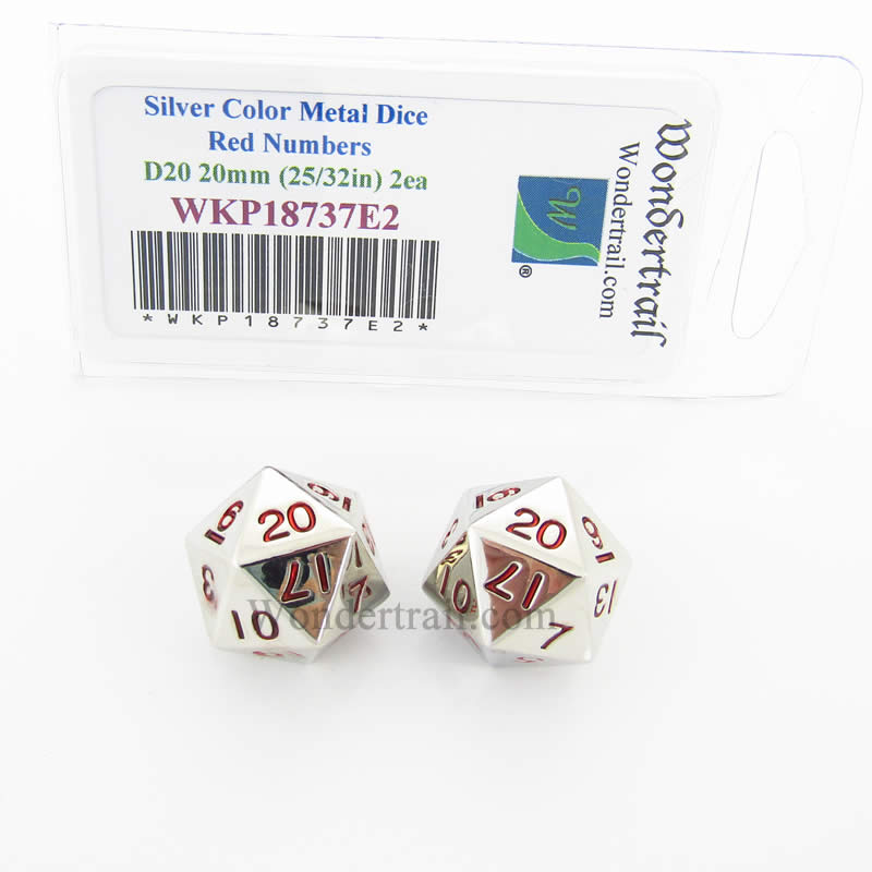 WKP18737E2 Metal Dice D20 Silver With Red Numbers 20mm (25/32in) Pack of 2 (ONLINE ORDER ONLY)