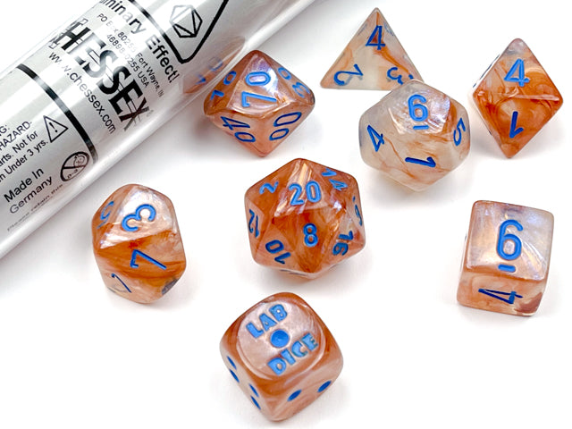 Chessex Lab dice: Borealis Rose Gold/light blue Luminary Polyhedral 7-Dice Set (with bonus die)