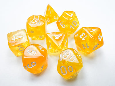 Chessex Lab dice: Borealis Canary/white Luminary Polyhedral 7-Dice Set (with bonus die)