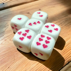 Opaque White/Pink 16mm D6 Dice with Heart Pips (sold per piece) (Online Only)