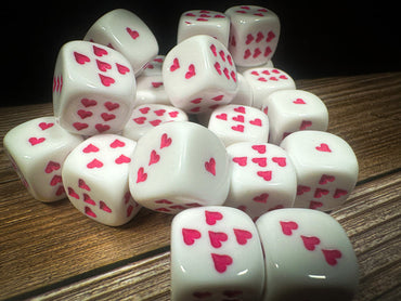 Opaque White/Pink 16mm D6 Dice with Heart Pips (sold per piece) (Online Only)