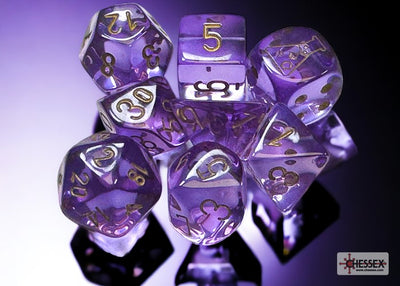 Chessex Lab dice: Translucent Lavender/gold Polyhedral 7-Dice Set (with bonus die)