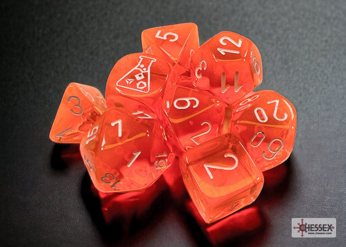 Chessex Lab dice: Translucent Neon Orange/white Polyhedral 7-Dice Set (with bonus die)
