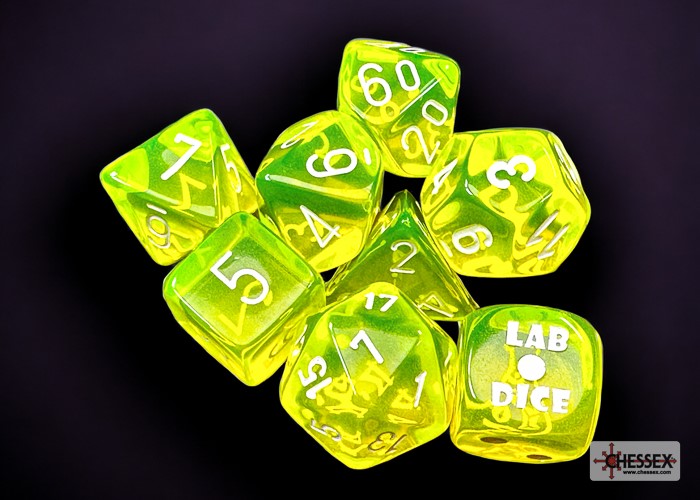 Chessex Lab dice: Translucent Neon Yellow/white Polyhedral 7-Dice Set (with bonus die)