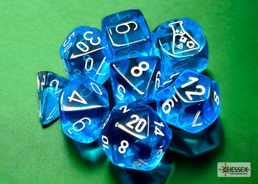 Chessex Lab dice: Translucent Tropical Blue/white Polyhedral 7-Dice Set (with bonus die)