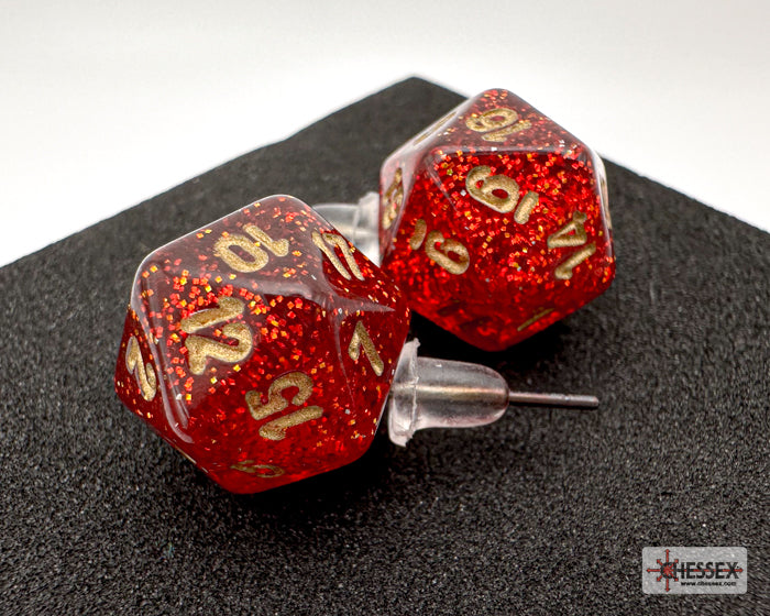 Stud Earrings Glitter Ruby Mini-Poly d20 Pair (Online Only)