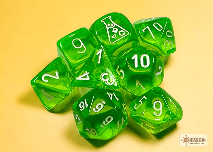 Chessex Lab dice: Translucent Rad Green/white Polyhedral 7-Dice Set (with bonus die)
