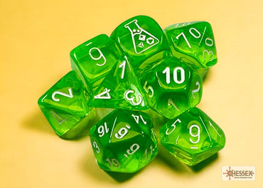 Chessex Lab dice: Translucent Rad Green/white Polyhedral 7-Dice Set (with bonus die)